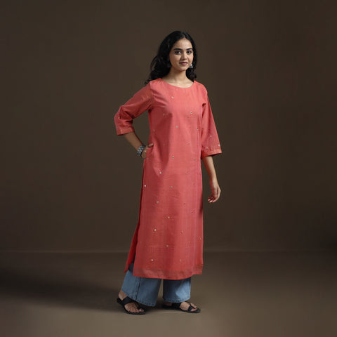 Peach - Mangalagiri Pure Handwoven Cotton Mirror Work Straight Kurta for women 17