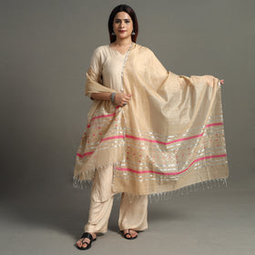 Beige - Traditional Chanderi Silk Handloom Zari Buti Dupatta with Tassels 27