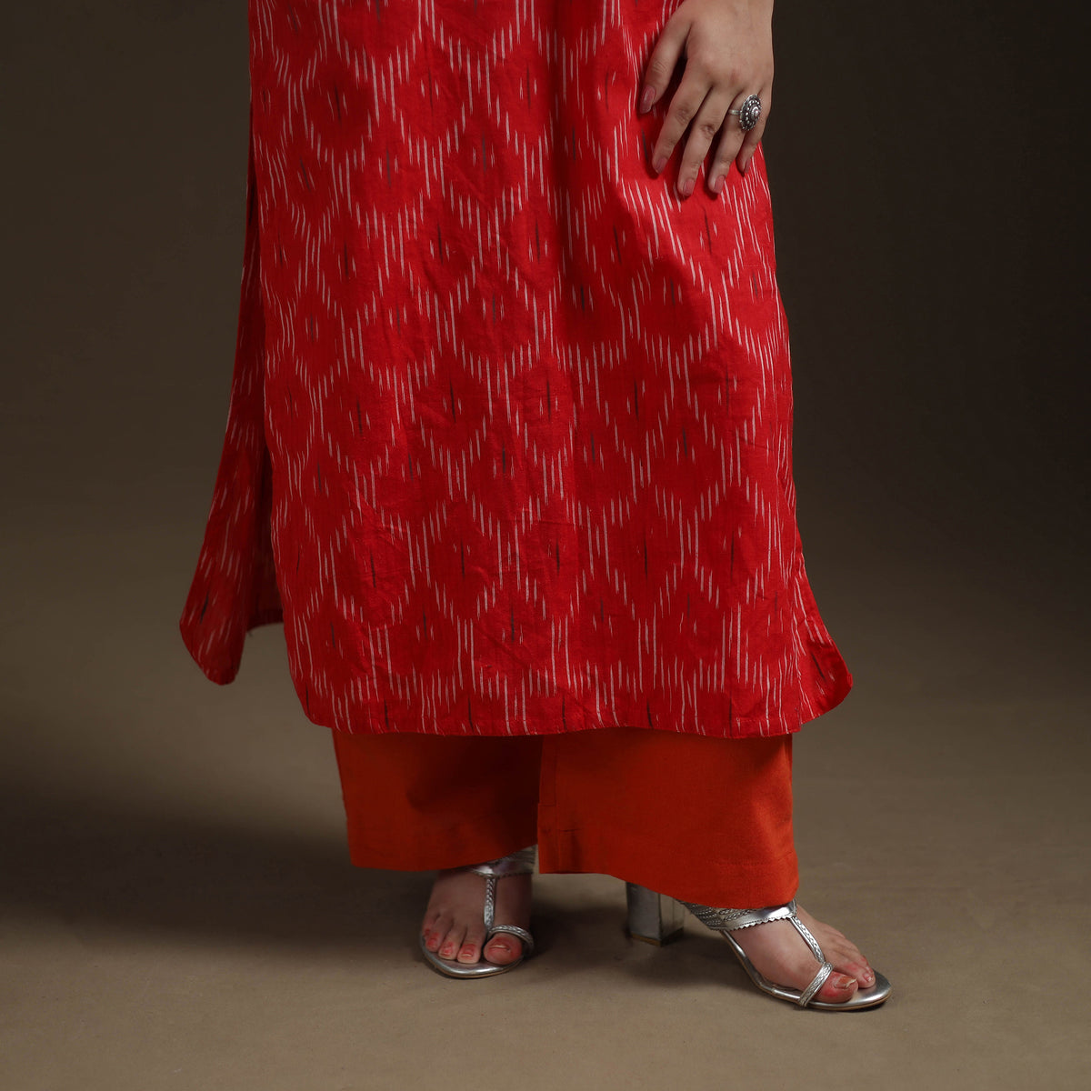 Pochampally Ikat Cotton Long Kurta with Palazzo & Dupatta Suit Set for Women 19