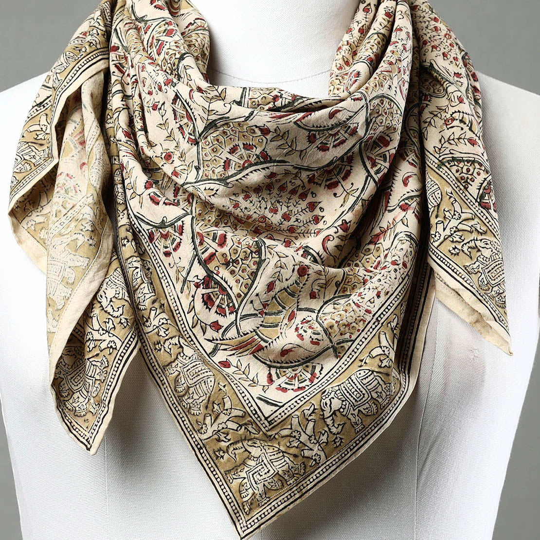 Beige - Pedana Kalamkari Block Printed Natural Dyed Cotton Scarf 85