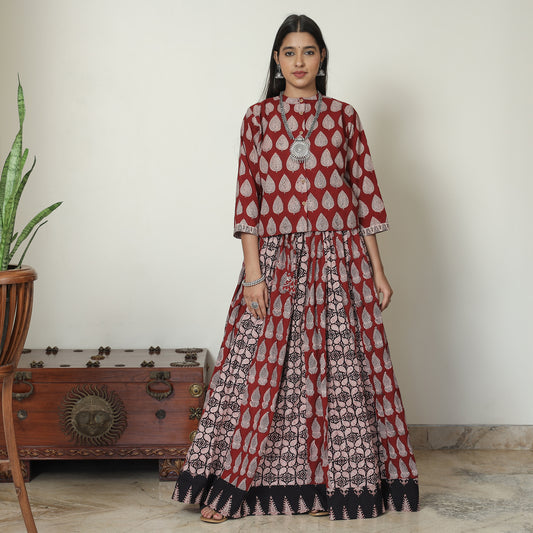 Red - Bagh Block Printed Patchwork Cotton Long Skirt