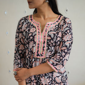 Black Block Printed Cotton Gota Work Long Sanganeri Kurta