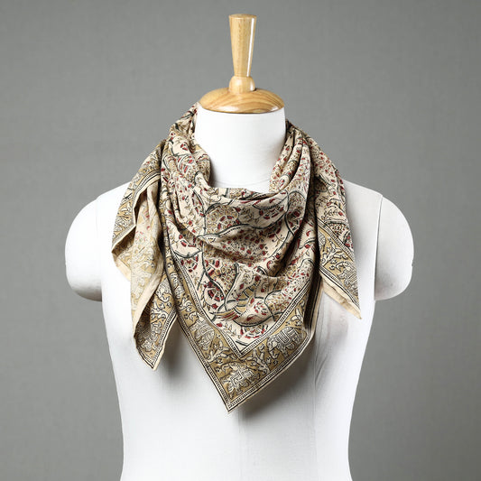 Beige - Pedana Kalamkari Block Printed Natural Dyed Cotton Scarf 85