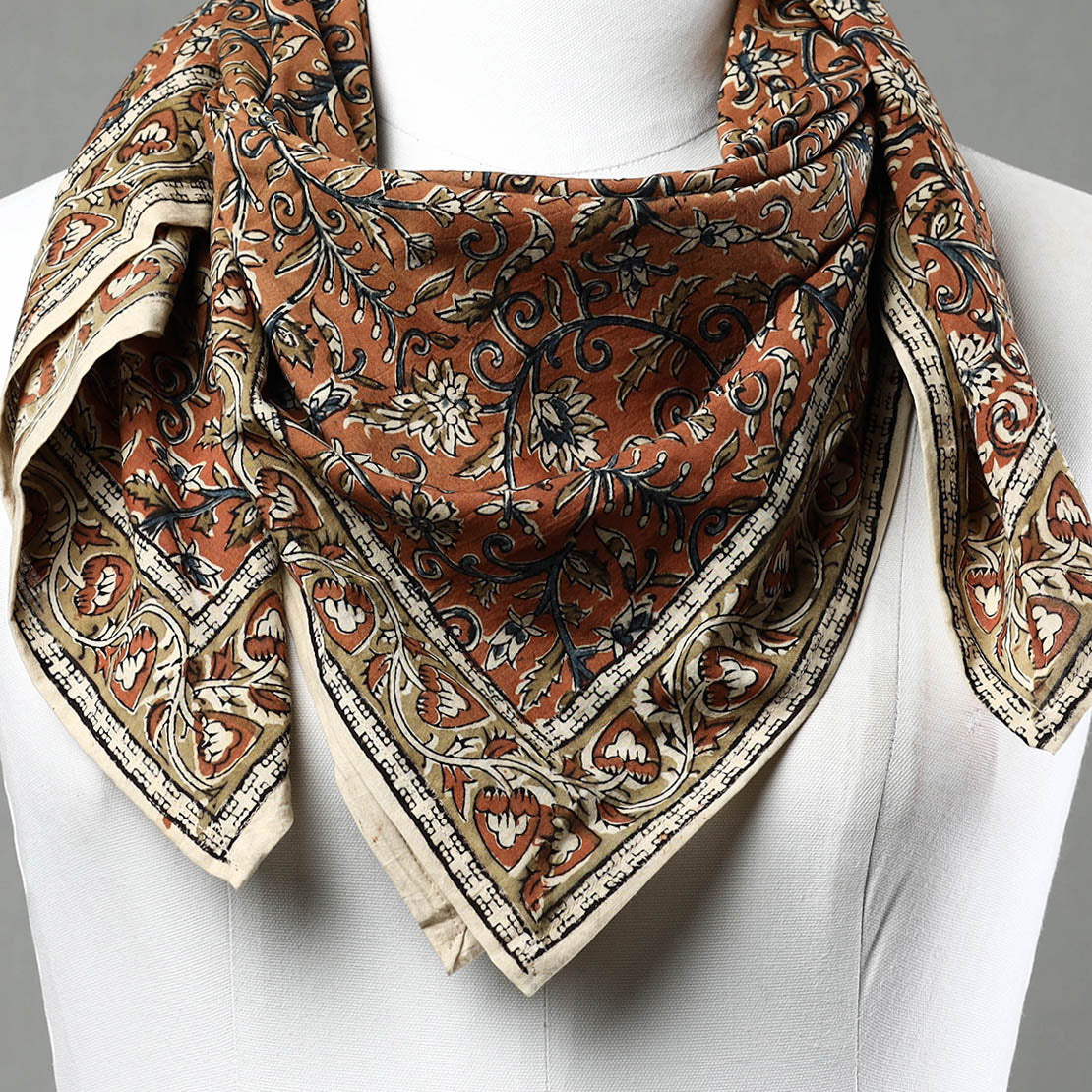 Orange - Pedana Kalamkari Block Printed Natural Dyed Cotton Scarf 86