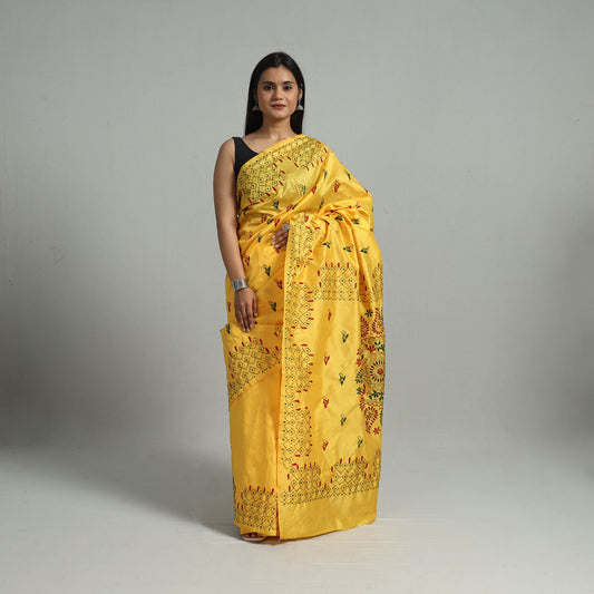 Yellow - Handcrafted Bengal Nakshi Kantha Work Silk Saree 37