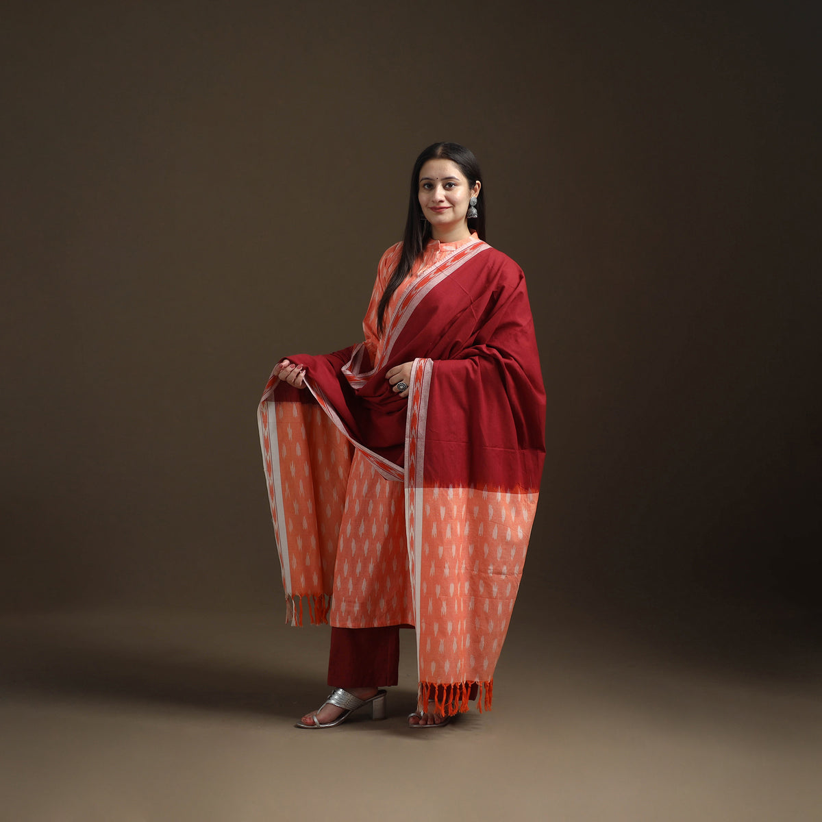 Peach - Pochampally Ikat Cotton Long Kurta with Palazzo & Dupatta Suit Set for Women 17