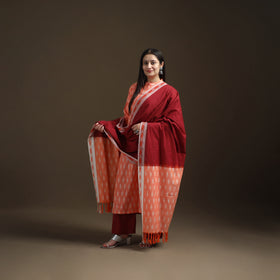 Peach - Pochampally Ikat Cotton Long Kurta with Palazzo & Dupatta Suit Set for Women 17