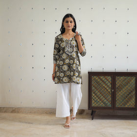 Black Block Printed Cotton Gota Work Short Bagru Kurta