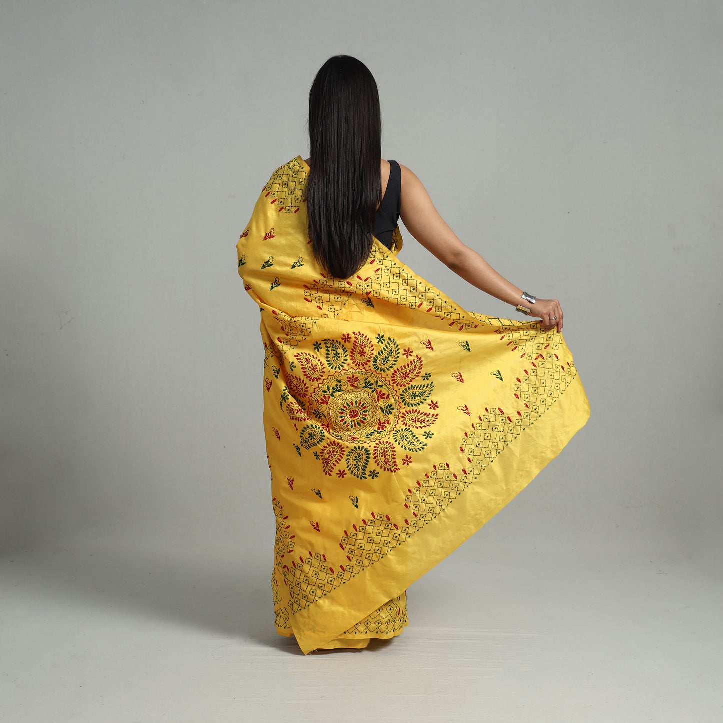 Yellow - Handcrafted Bengal Nakshi Kantha Work Silk Saree 37