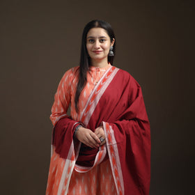Peach - Pochampally Ikat Cotton Long Kurta with Palazzo & Dupatta Suit Set for Women 17