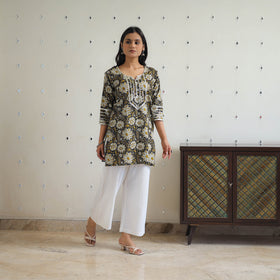 Black Block Printed Cotton Gota Work Short Bagru Kurta