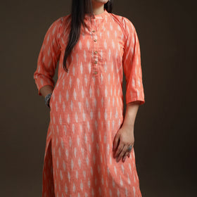 Peach - Pochampally Ikat Cotton Long Kurta with Palazzo & Dupatta Suit Set for Women 17