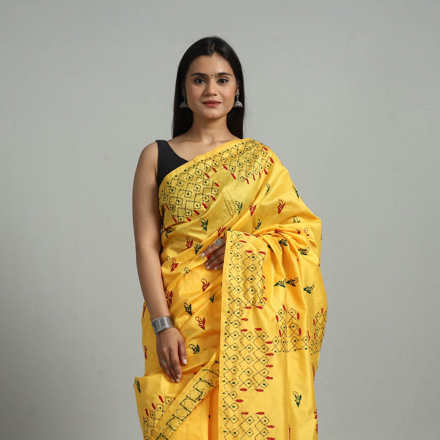 Yellow - Handcrafted Bengal Nakshi Kantha Work Silk Saree 37