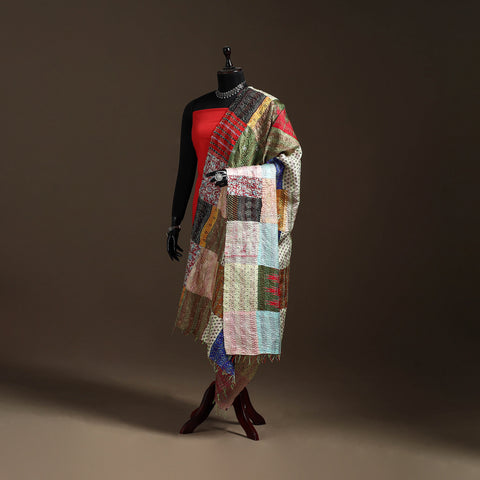 Multicolor - Bengal Hand Embroidery Patchwork Reversible Silk Kantha Dupatta 61