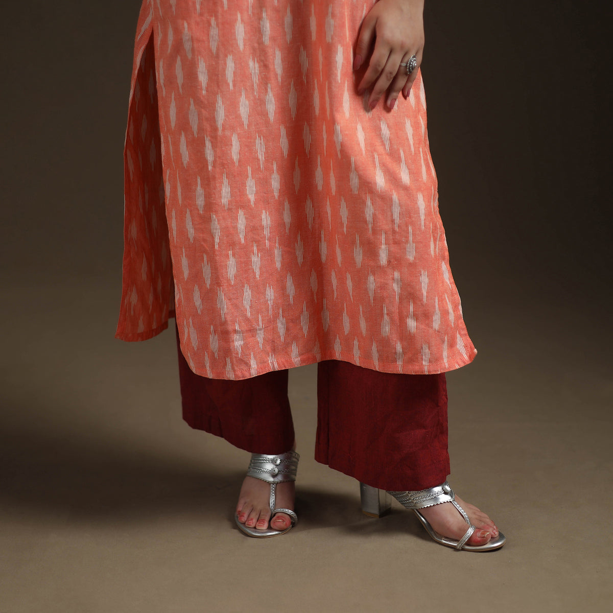 Peach - Pochampally Ikat Cotton Long Kurta with Palazzo & Dupatta Suit Set for Women 17