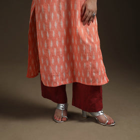 Peach - Pochampally Ikat Cotton Long Kurta with Palazzo & Dupatta Suit Set for Women 17