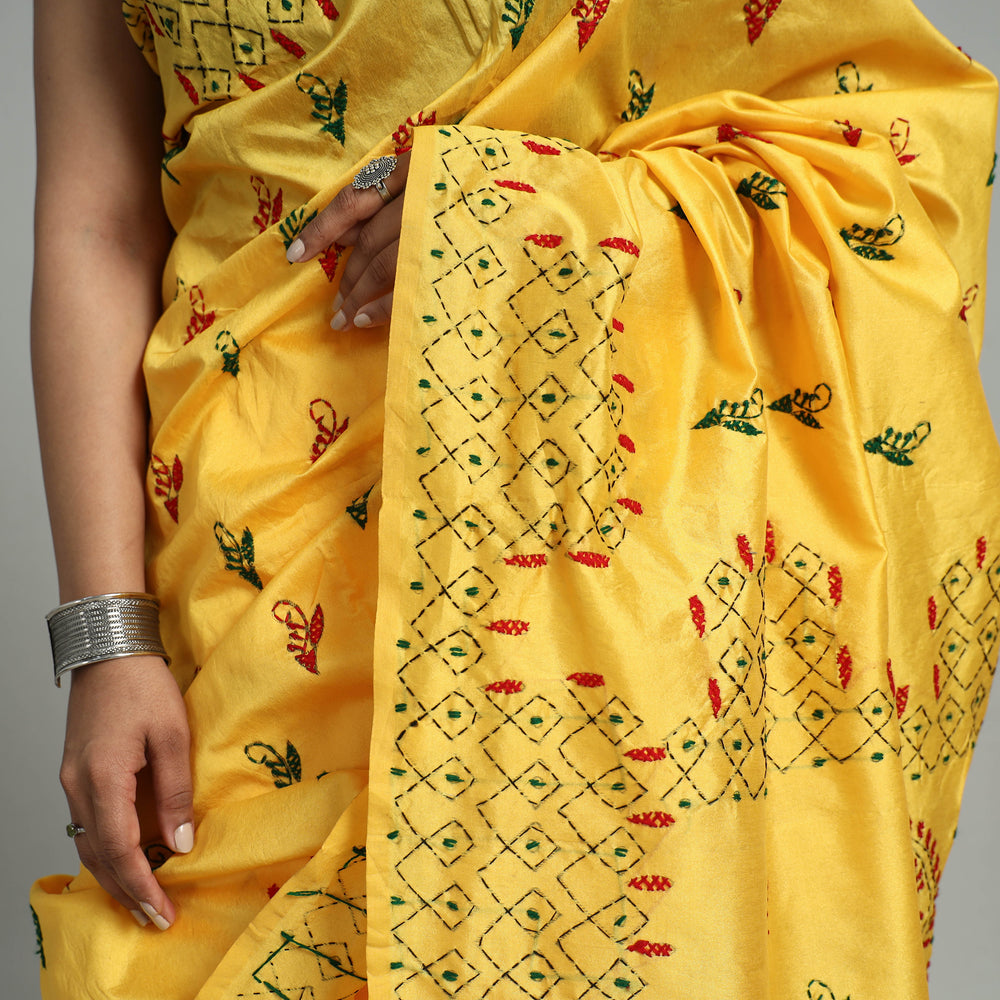 Yellow - Handcrafted Bengal Nakshi Kantha Work Silk Saree 37