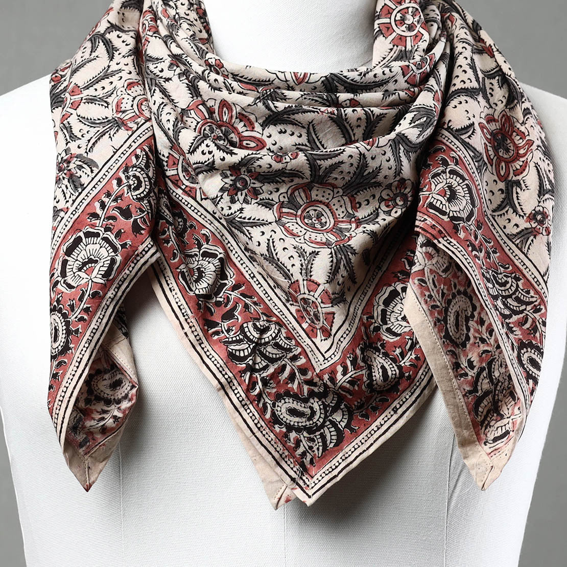 Beige - Pedana Kalamkari Block Printed Natural Dyed Cotton Scarf 91