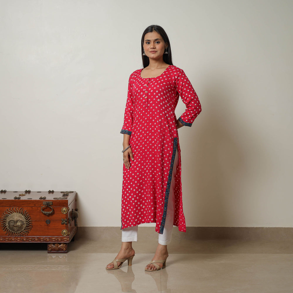 Red - Tie & dye Cotton Straight Bandhani Kurta 07