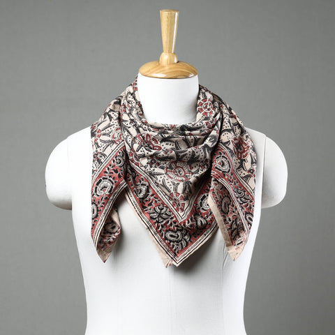 Beige Pedana Kalamkari Block Printed Natural Dyed Cotton Scarf