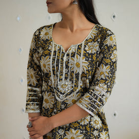 Black Block Printed Cotton Gota Work Short Bagru Kurta