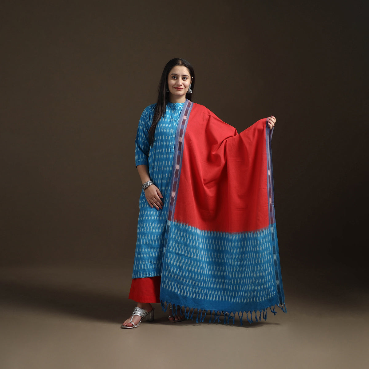 Blue - Pochampally Ikat Cotton Long Kurta with Palazzo & Dupatta Suit Set for Women 20