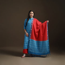 Blue - Pochampally Ikat Cotton Long Kurta with Palazzo & Dupatta Suit Set for Women 20