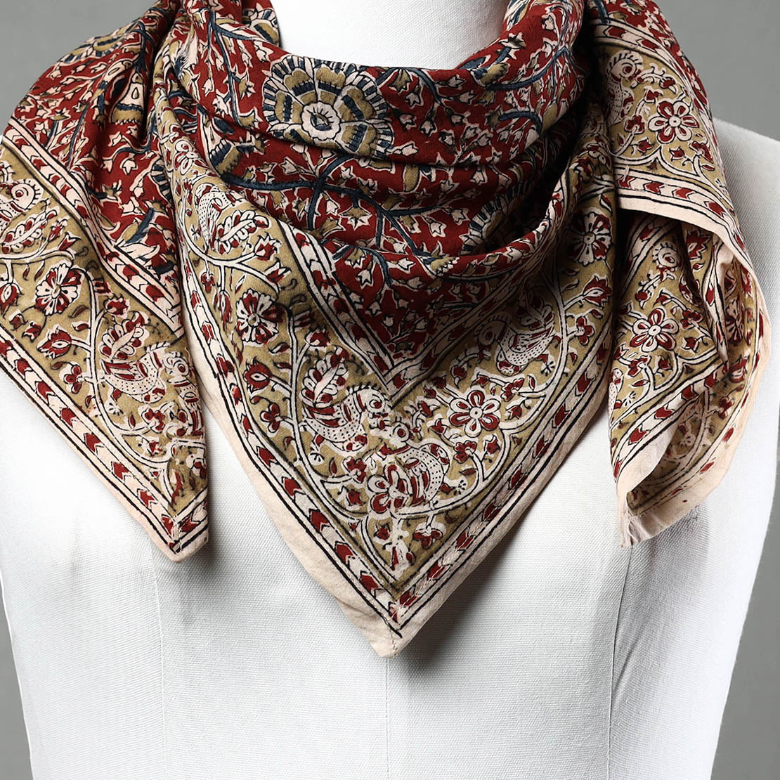 Red - Pedana Kalamkari Block Printed Natural Dyed Cotton Scarf 92