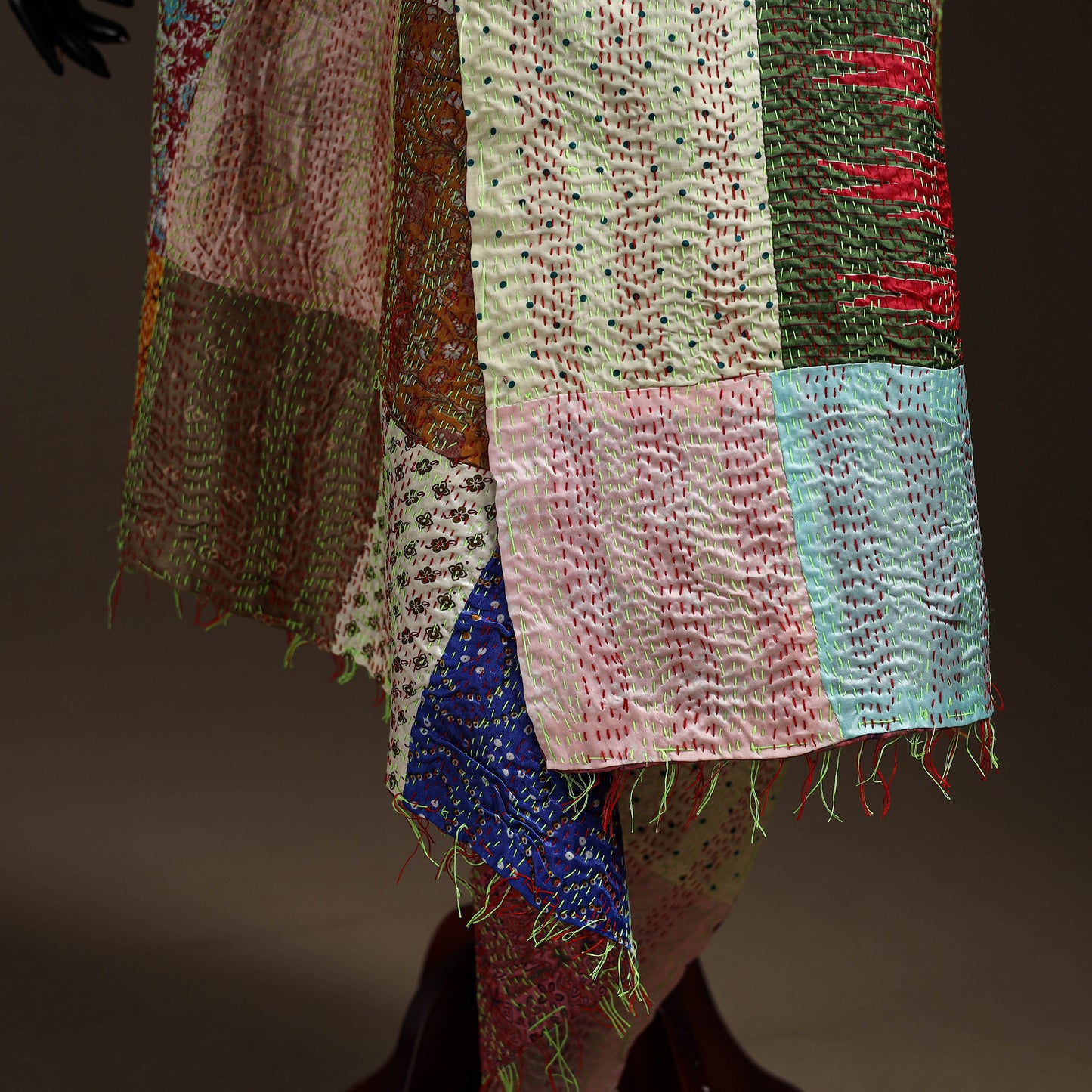 Multicolor - Bengal Hand Embroidery Patchwork Reversible Silk Kantha Dupatta 61