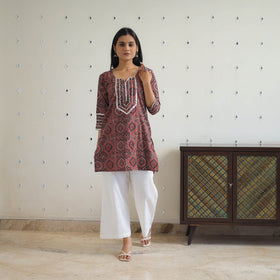 Brown Block Printed Cotton Gota Work Short Ajrakh Kurta