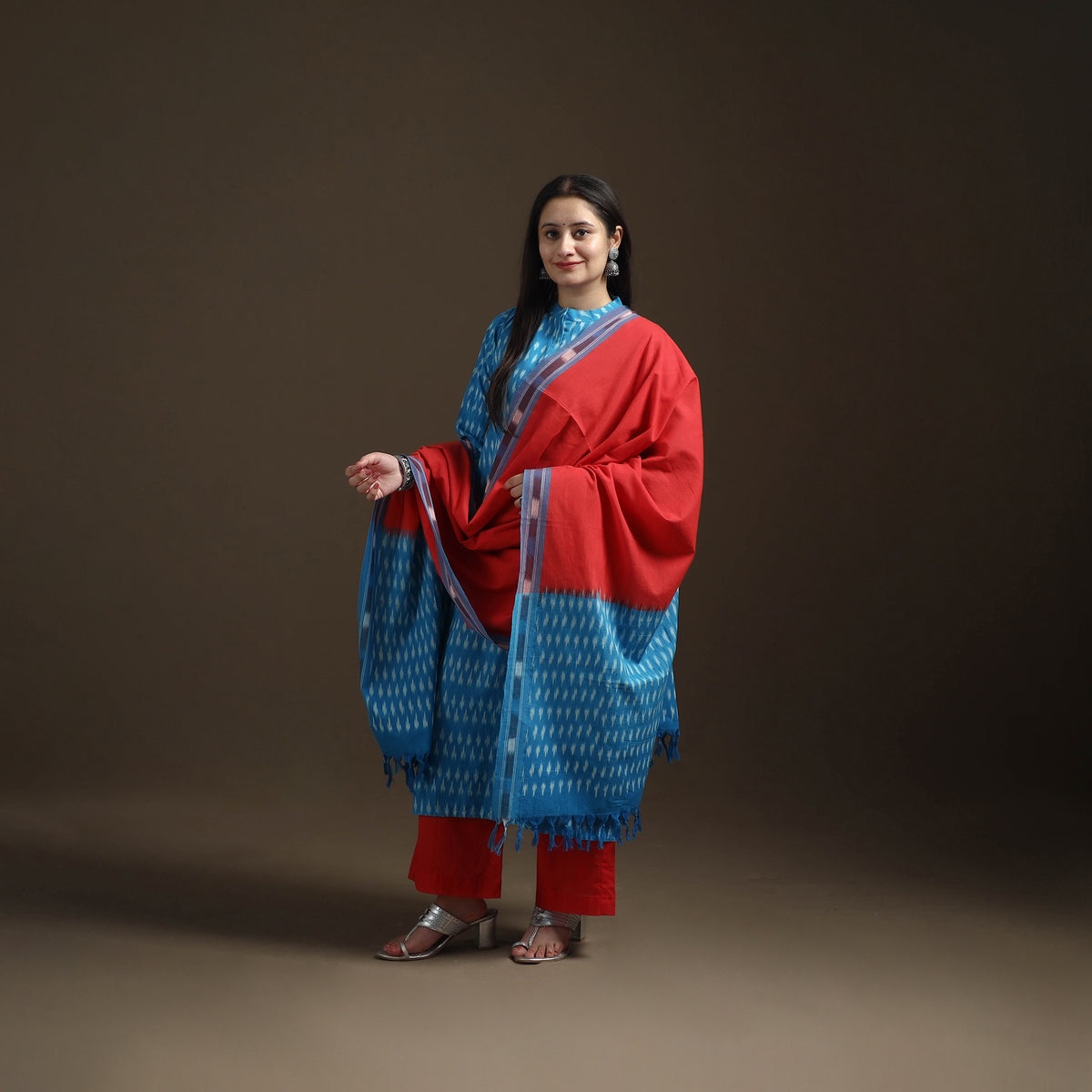 Blue - Pochampally Ikat Cotton Long Kurta with Palazzo & Dupatta Suit Set for Women 20