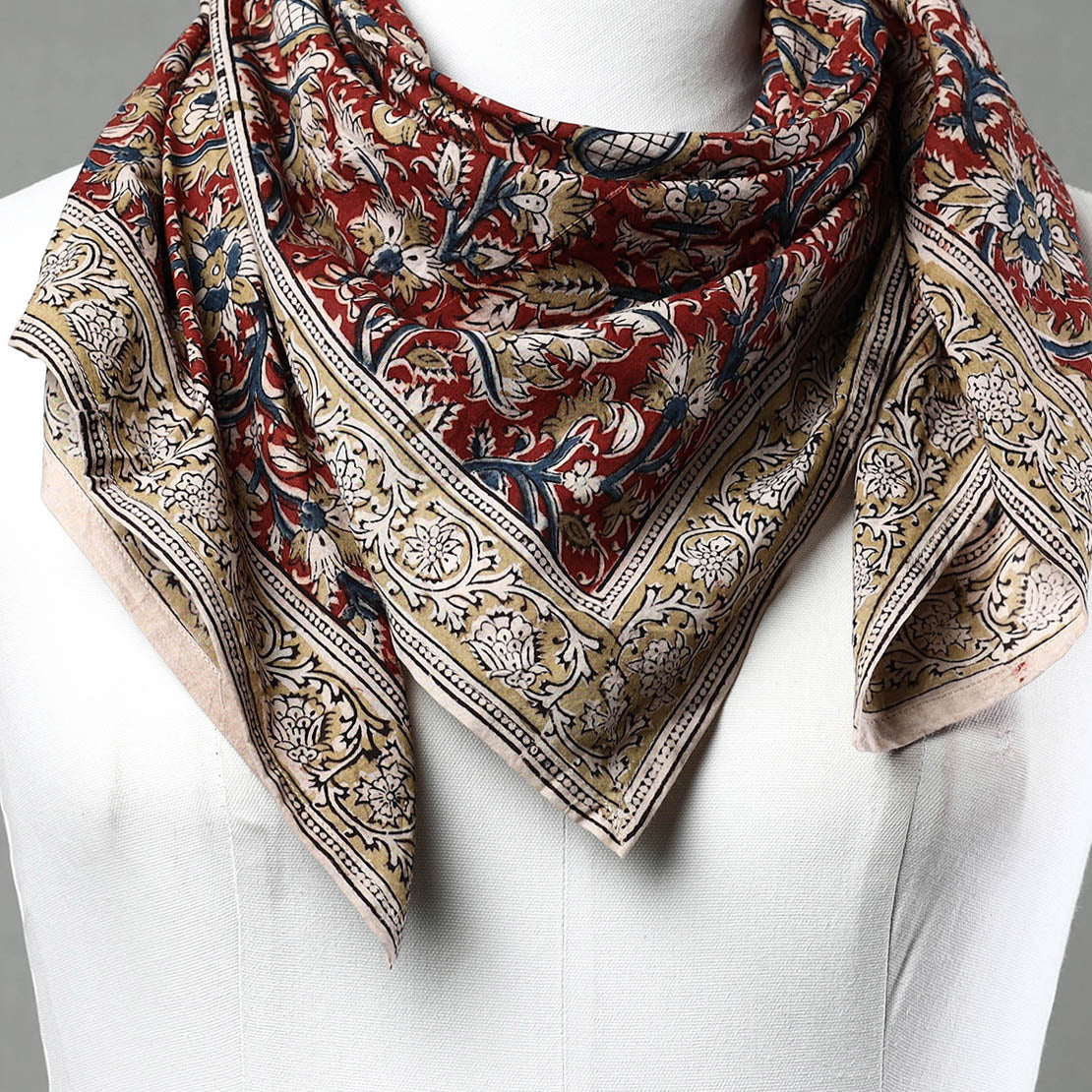 Red - Pedana Kalamkari Block Printed Natural Dyed Cotton Scarf 93