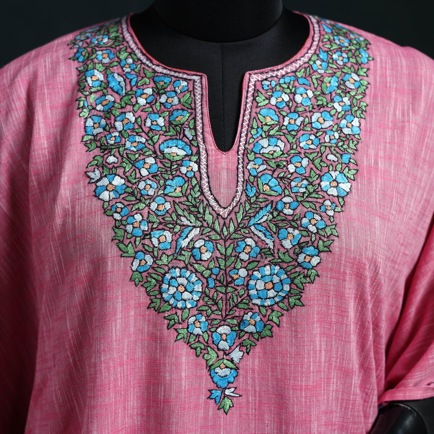 Pink - Kashmiri Kashida Hand Embroidered Cotton Kaftan (Medium) 13