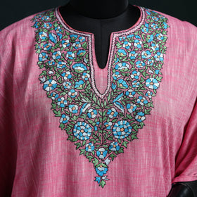 Pink - Kashmiri Kashida Hand Embroidered Cotton Kaftan (Medium) 13
