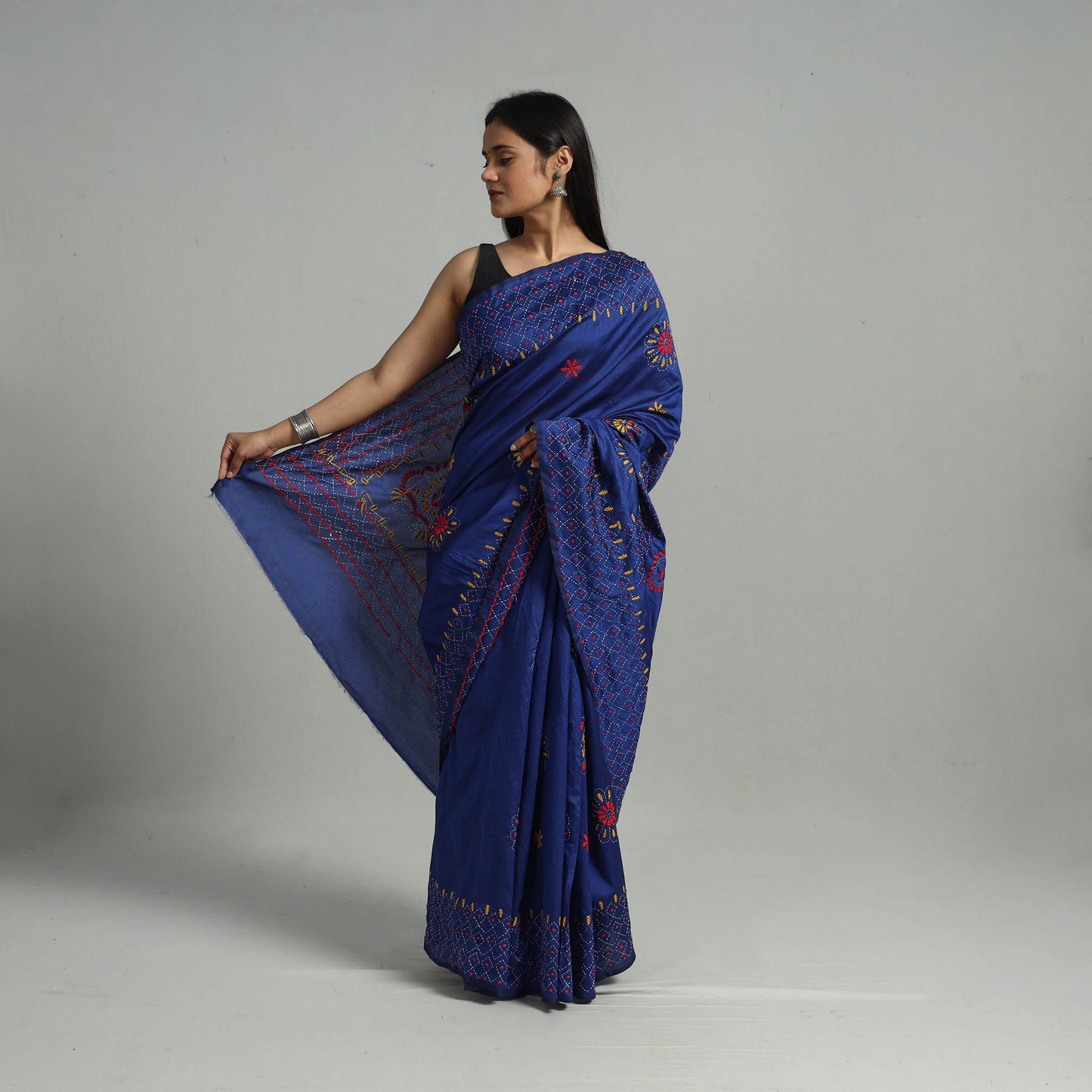 Blue - Handcrafted Bengal Nakshi Kantha Work Silk Saree 39