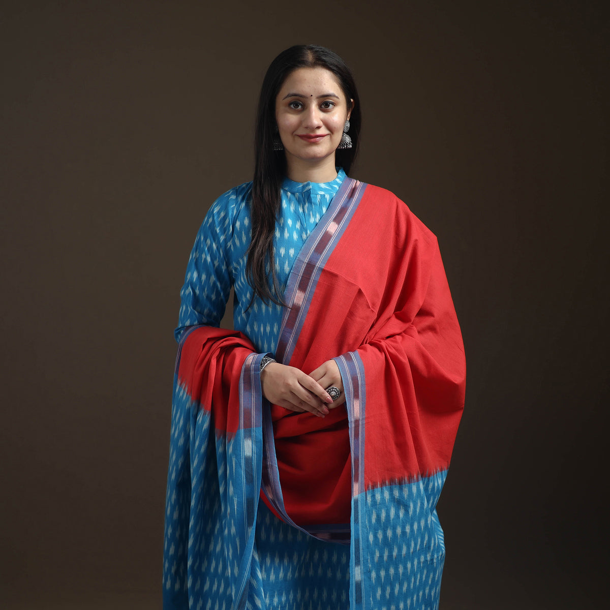 Blue - Pochampally Ikat Cotton Long Kurta with Palazzo & Dupatta Suit Set for Women 20