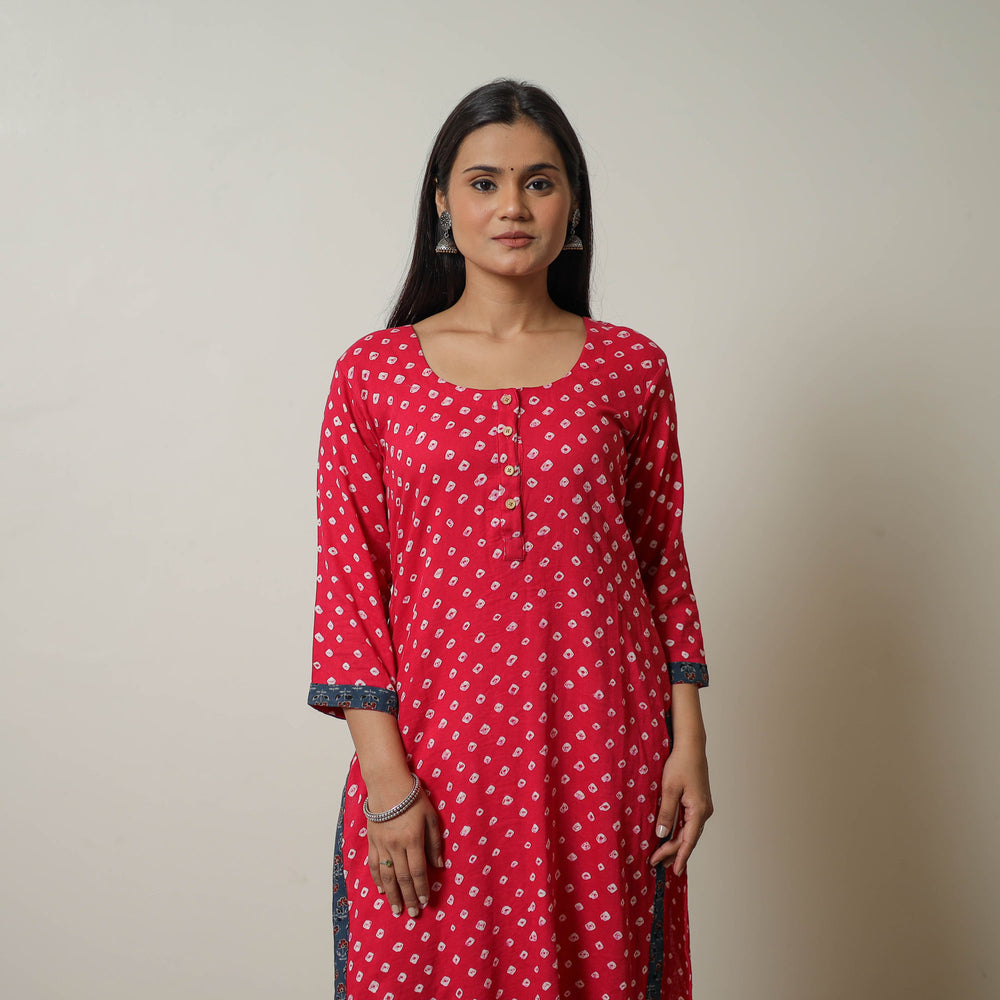 Red - Tie & dye Cotton Straight Bandhani Kurta 07