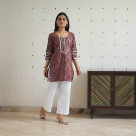 Brown Block Printed Cotton Gota Work Short Ajrakh Kurta