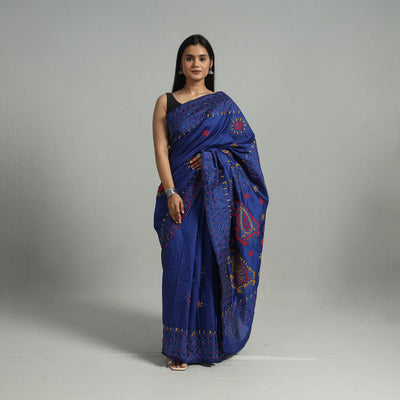 Blue - Handcrafted Bengal Nakshi Kantha Work Silk Saree 39