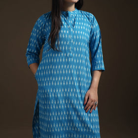 Blue - Pochampally Ikat Cotton Long Kurta with Palazzo & Dupatta Suit Set for Women 20