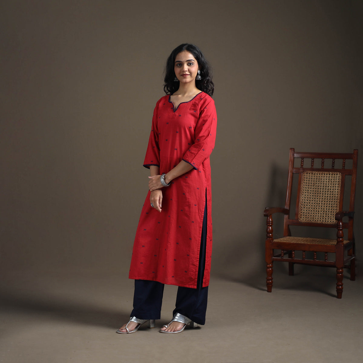 Hand Embroidered Jacquard Cotton Straight Long Kurta for Women 11