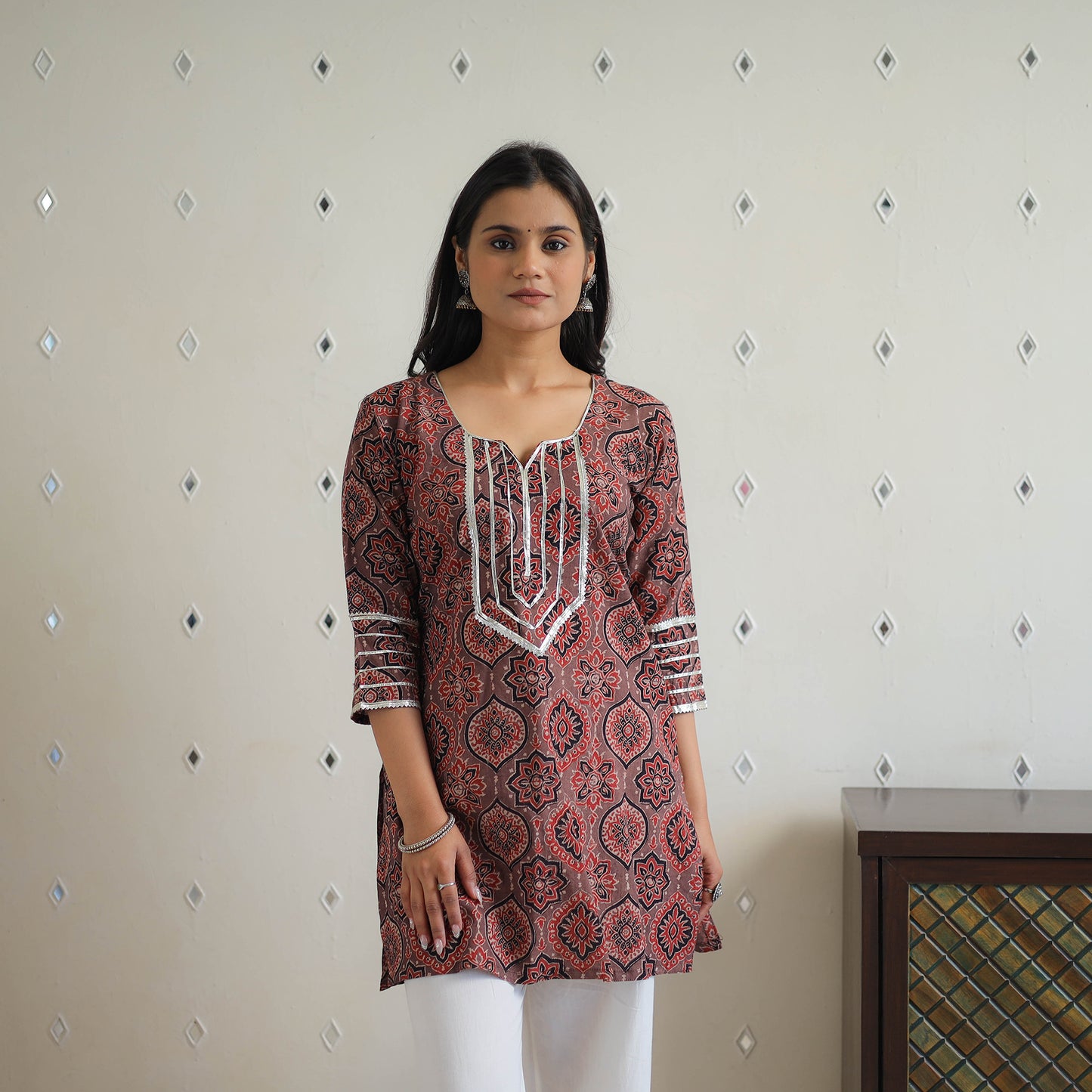 Block Printed Cotton Gota Work Short Ajrakh Kurta 17