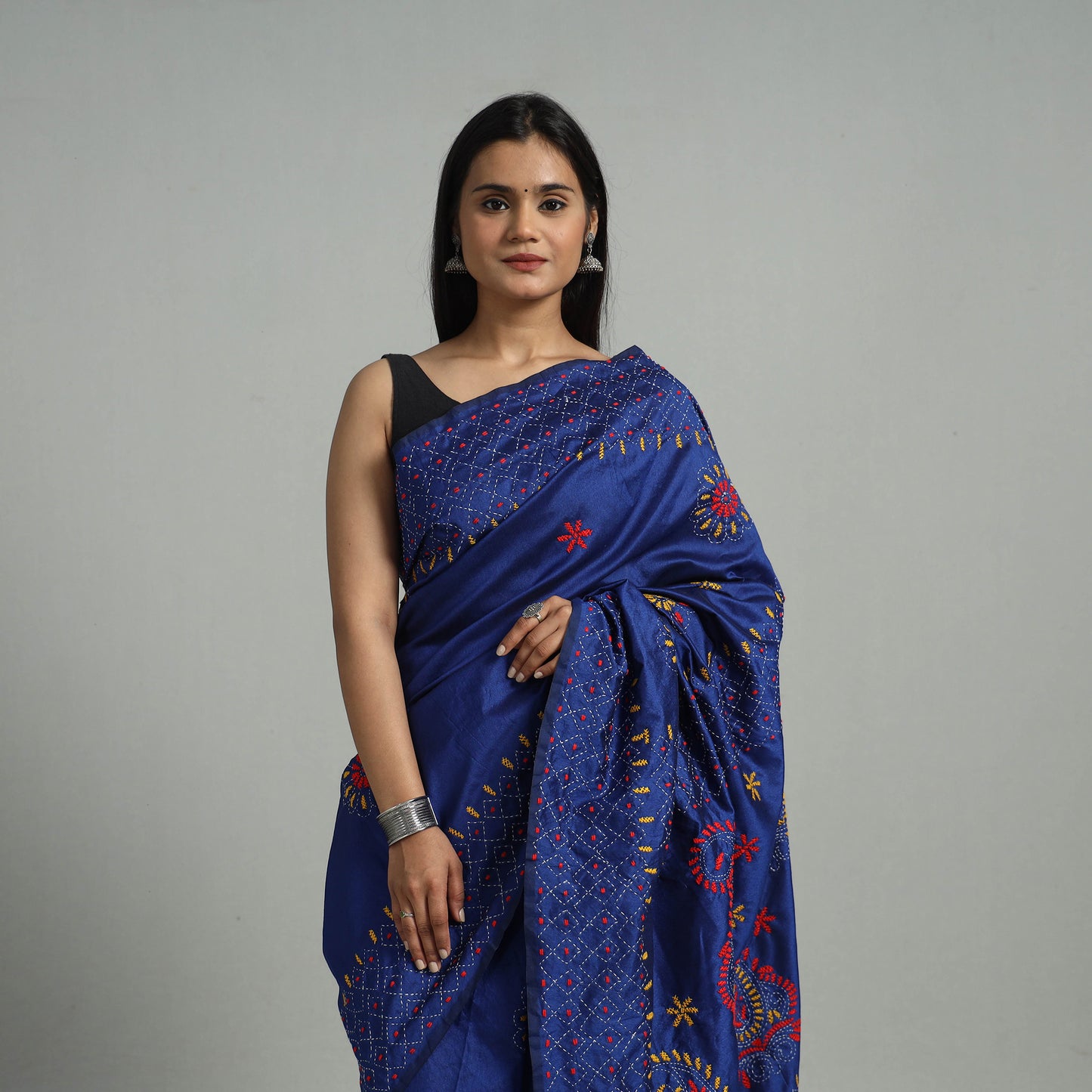 Blue - Handcrafted Bengal Nakshi Kantha Work Silk Saree 39