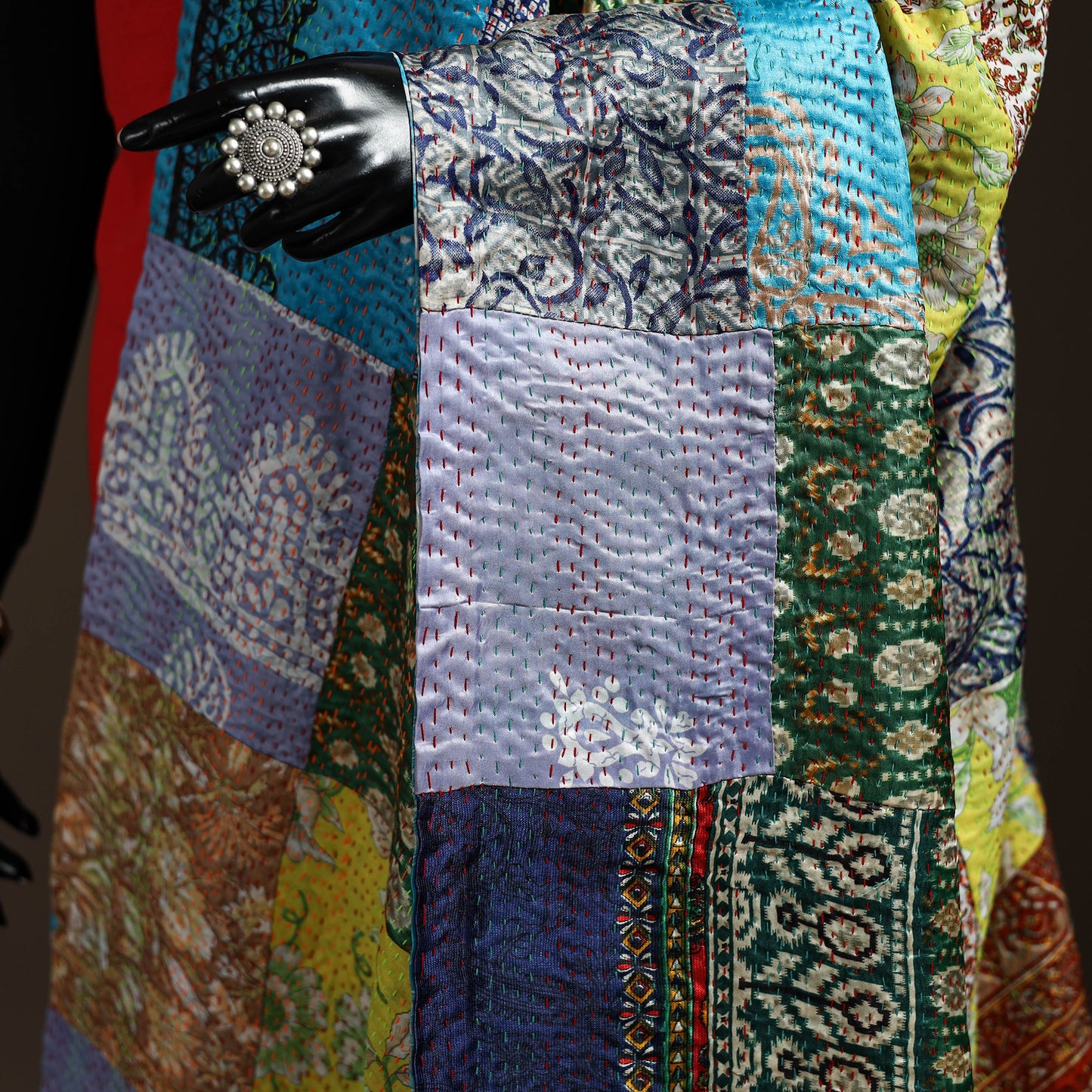 Multicolor - Bengal Hand Embroidery Patchwork Reversible Silk Kantha Dupatta 62