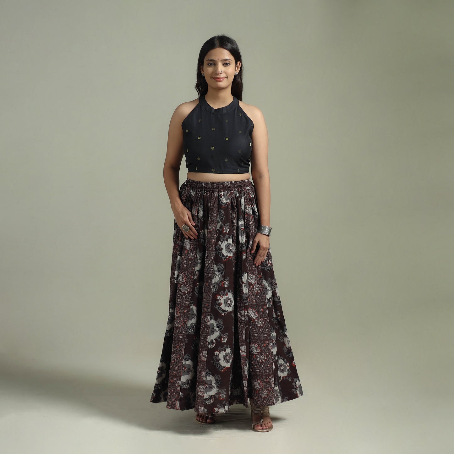 Bagru Hand Block Print 24 Kali Patchwork Natural Dyed Cotton Long Skirt 15