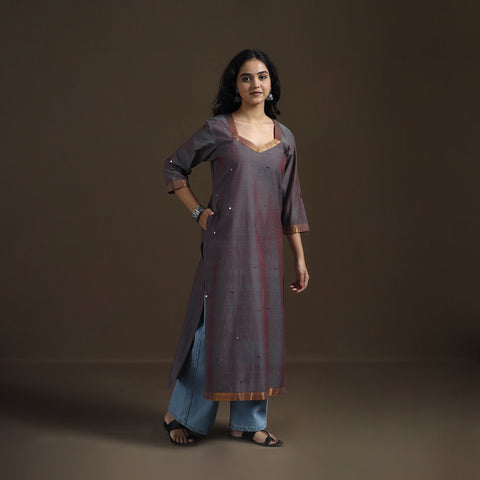 Grey - Mangalagiri Pure Handwoven Cotton Mirror Work Straight Kurta for women 03