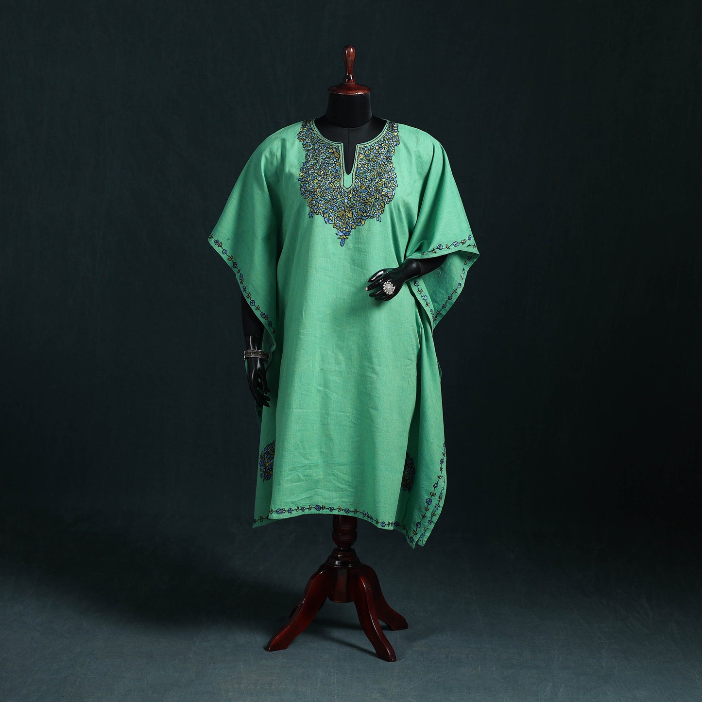 Green - Kashmiri Kashida Hand Embroidered Cotton Kaftan (Medium) 14