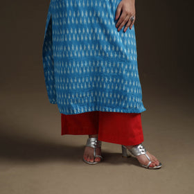 Blue - Pochampally Ikat Cotton Long Kurta with Palazzo & Dupatta Suit Set for Women 20