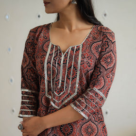 Brown Block Printed Cotton Gota Work Short Ajrakh Kurta