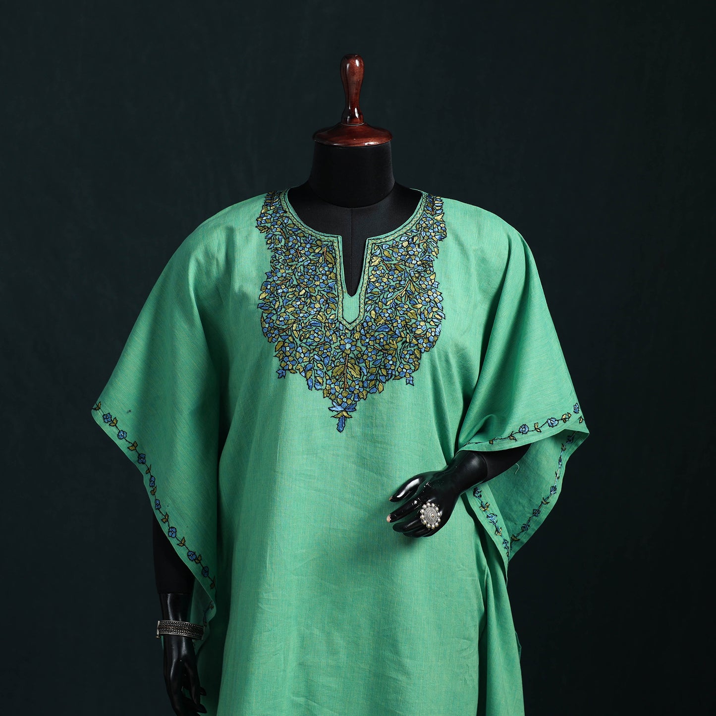 Green - Kashmiri Kashida Hand Embroidered Cotton Kaftan (Medium) 14